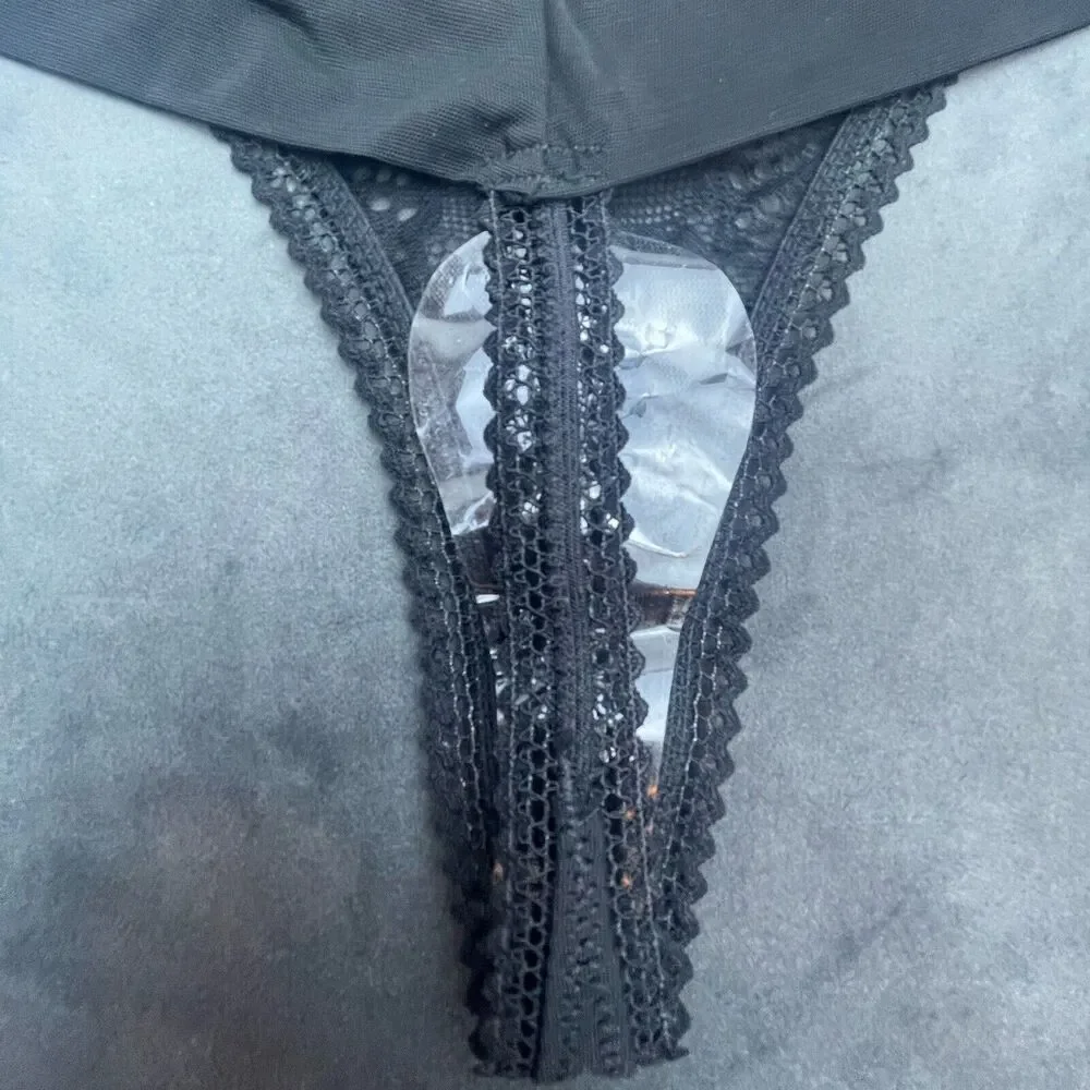 Thistle and Spire Eyelash Mirage Thong Womens XL Black Lace Sheer‎